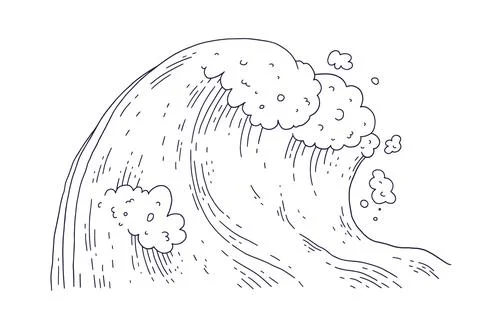 Waves sea ocean. Vector bursts splash with foam and bubbles. Outline doddle Stock Illustration