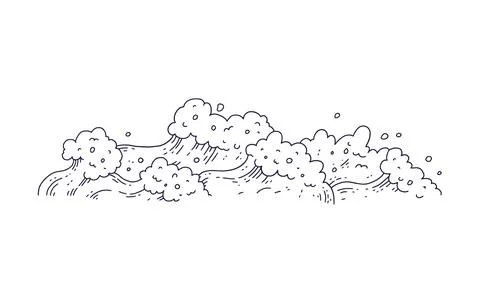Waves sea ocean. Vector bursts splash with foam and bubbles. Outline doddle Stock Illustration