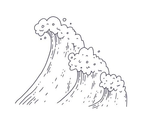 Waves sea ocean. Vector bursts splash with foam and bubbles. Outline doddle Stock Illustration