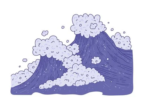 Waves sea ocean. Vector very peri bursts splash with foam and bubbles. Outline Stock Illustration