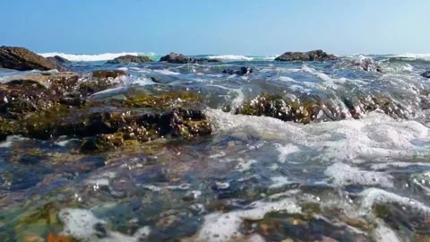Waves sliding over rocks- Caribbean Sea, West Indies Stock Footage 141776401