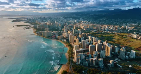 Waves slowly roll to the sandy beach of Waikiki, Honolulu, Oahu, Hawaii Video stock 310741286