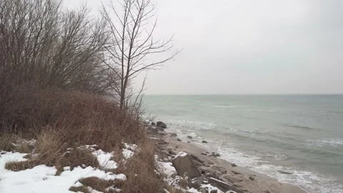 Waves on the snowy beach during winter in Gdynia, Poland. Stock Footage 258883806