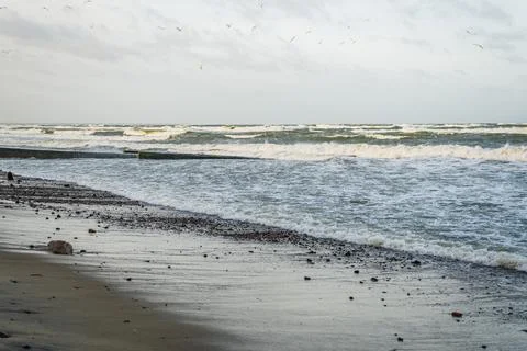 Waves softly roll onto a sandy beach scattered with smooth pebbles capturing  Stock Photos