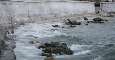 Waves splashing into the small port in Parga city. Some big rocks places on the Stock Footage 220680155