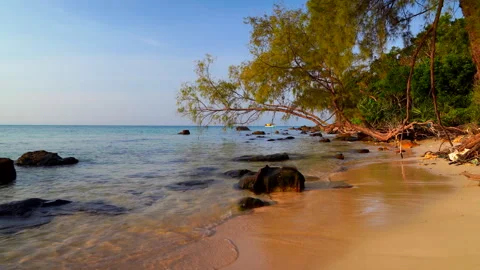 Waves at stone beach on sunset sky. Ocean shoreline. Wild sand beach. Stock Footage 326871410