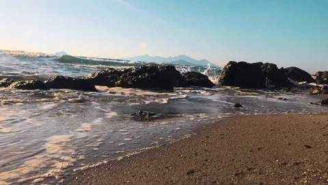 Waves at storm in Mediterranean Sea beating on breakwater on Kos Greece Stock Footage 119985485