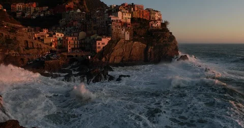 Waves at the  sunset in Manarola Stock Footage 121875170