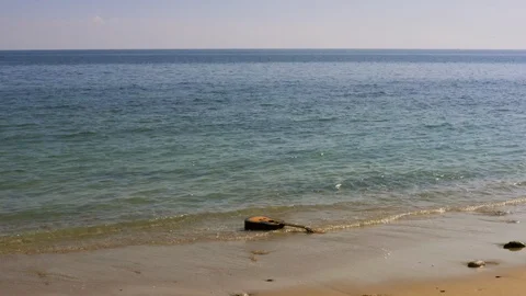 Waves throw guitar on shore or beach. Acoustic guitar floats, swims, drifts Stock Footage 126800039