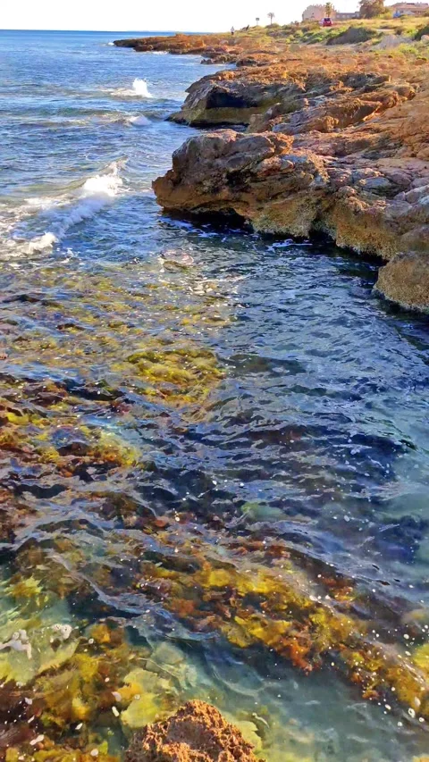 The Waves of the Transparent Sea Break on the Rocks Video stock 184109374