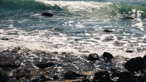 Waves wash over the rocks on the seashore, raising foam Stock Footage 286351147