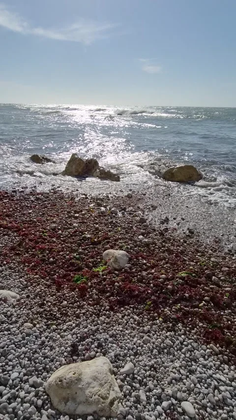 Waves washing over a pebble beach with seaweed, Alabaster Coast near Étretat Stock-Footage 346368447