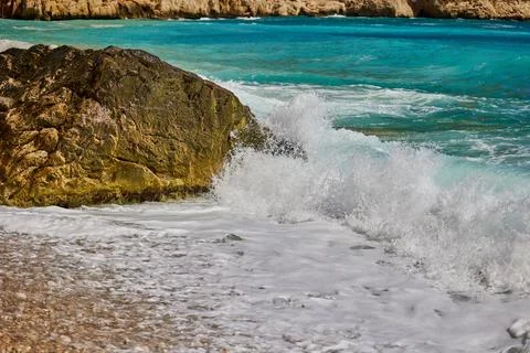 Waves waves crashing against rocks on the shores of the Mediterranean Sea Stock Photos