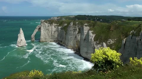  waves white cliffs arch foam yellow flowers Stock Footage 60442876