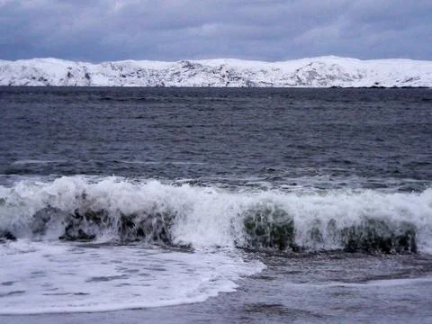 Waves on the winter cold shore of the Barents Sea during the polar night. Stock Photos