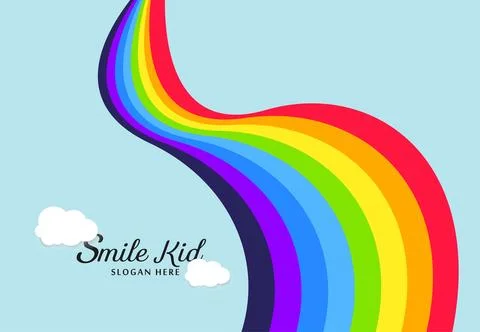 Waving abstract rainbow , with soft clouds and text, rainbow Template for k.. Stock Illustration