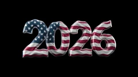 Waving American Flag Inside 2026 Numbers on Black Background Stock Footage 320346561