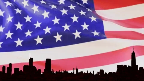 Waving american flag in slow motion, close up - silhouette manhattan, new york Stock Footage 148997873