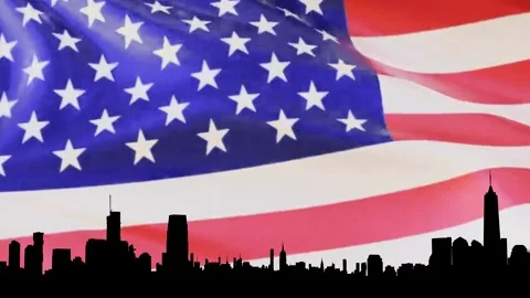 Waving american flag in slow motion, close up - silhouette manhattan, new york Stock Footage 148997879