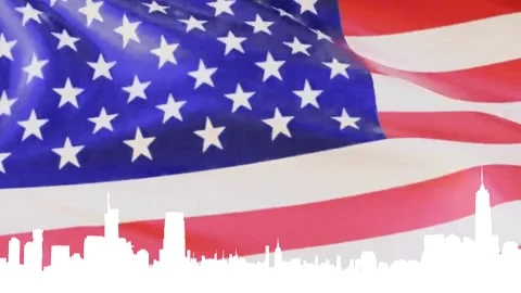 Waving american flag in slow motion, close up - silhouette manhattan, new york Stock Footage 148997882