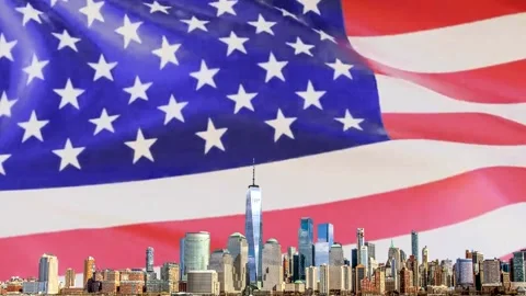 Waving american flag in slow motion, close up - silhouette manhattan, new york Stock Footage 148997884