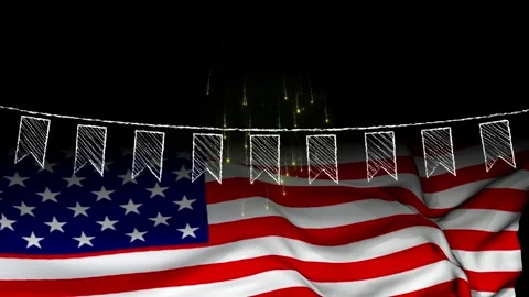 Waving american flags and festive bunting celebrate with fireworks with adorned Stock Footage 343805136