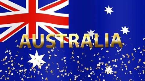 Waving Australia Flag with Gold Text and Falling Confetti Animation Stock Footage 341542013