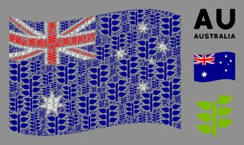 Waving Australia Flag Pattern of Flora Plant Items Stock Illustration