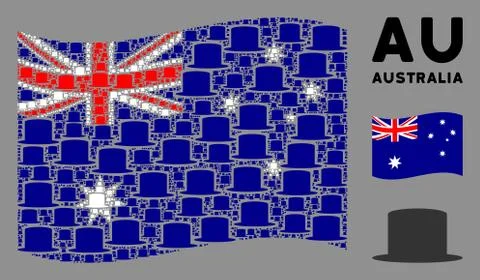 Waving Australia Flag Pattern of Gentleman Hat Icons Stock Illustration