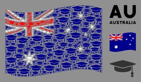 Waving Australia Flag Pattern of Graduation Cap Icons Illustrazione stock