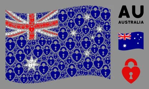 Waving Australia Flag Pattern of Heart Lock Icons Stock Illustration