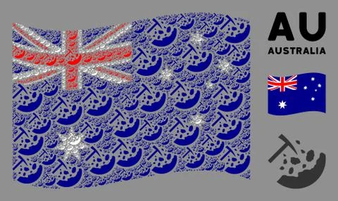 Waving Australia Flag Pattern of Rocks Mining Items Illustrazione stock