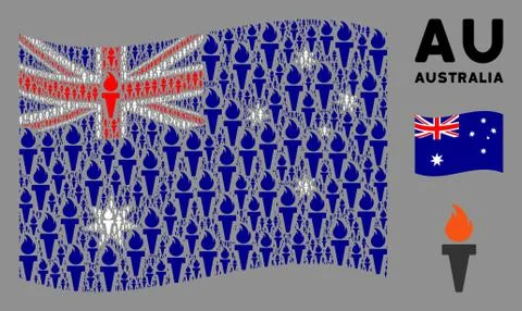 Waving Australia Flag Pattern of Torch Fire Icons Stock Illustration