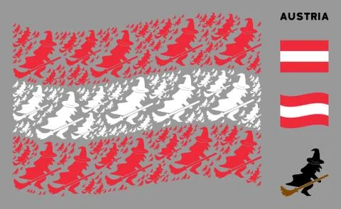 Waving Austria Flag Pattern of Flying Witch Icons Illustrazione stock