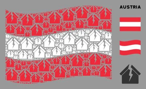 Waving Austria Flag Pattern of Housing Crisis Icons Stock Illustration