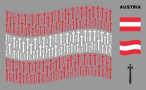Waving Austrian Flag Collage of Medieval Sword Items Illustrazione stock