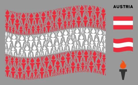 Waving Austrian Flag Collage of Torch Fire Items 스톡 일러스트