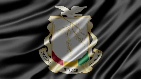 Waving black flag featuring the official national emblem of Guinea Stock Footage 343883197