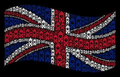 Waving British Flag Collage of Clock Tower Items Illustrazione stock