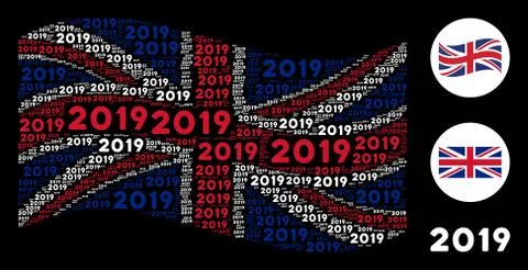 Waving British Flag Pattern of 2019 Year Texts Stock Illustration