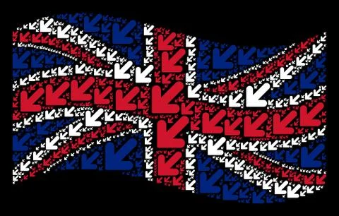Waving British Flag Pattern of Arrow Down Left Icons Stock Illustration