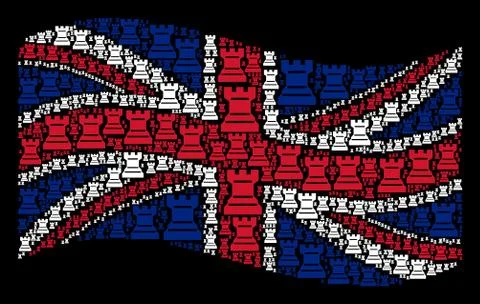 Waving British Flag Pattern of Chess Tower Icons Stock Illustration