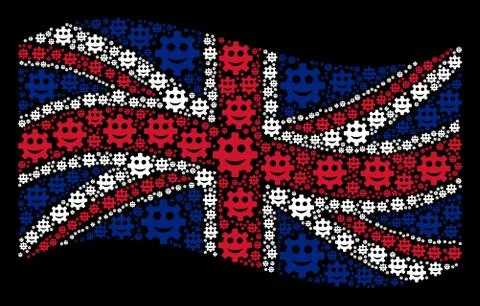 Waving British Flag Pattern of Gear Smile Smiley Items Stock Illustration