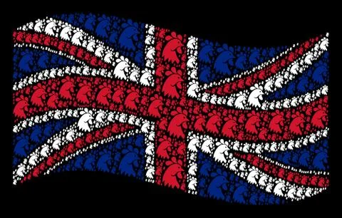 Waving British Flag Pattern of Rooster Head Icons Illustrazione stock