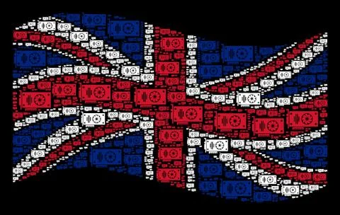 Waving British Flag Pattern of Video GPU Card Items Stock Illustration