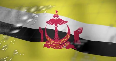 Waving Brunei flag with digital data and map overlay in background image Stock Illustration