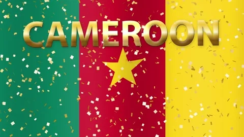 Waving Cameroon Flag Background with Golden Text and Falling Confetti Stock Footage 344231172
