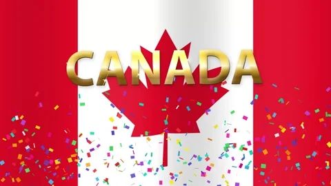 Waving Canada Flag Animation with Gold Text and Falling Confetti Stock Footage 341378705
