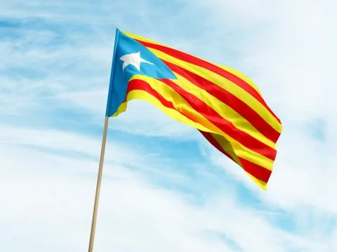 Waving Catalan flag on sky background 3D illustration Stock Illustration