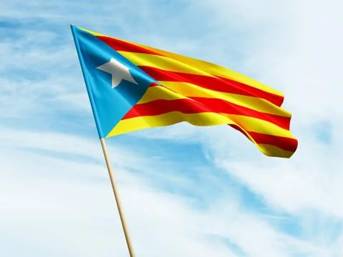 Waving Catalan flag on sky background 3D illustration Stock Illustration